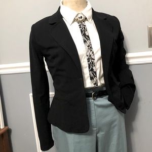 White button down blouse with black lace stripe